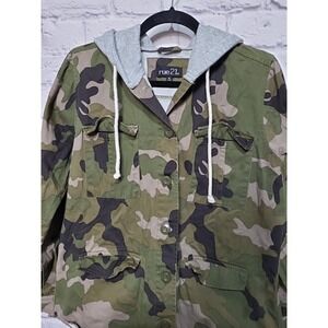 Rue21 Medium‎ Camo Print Utility Jacket Hooded Open Your Mind Casual Military